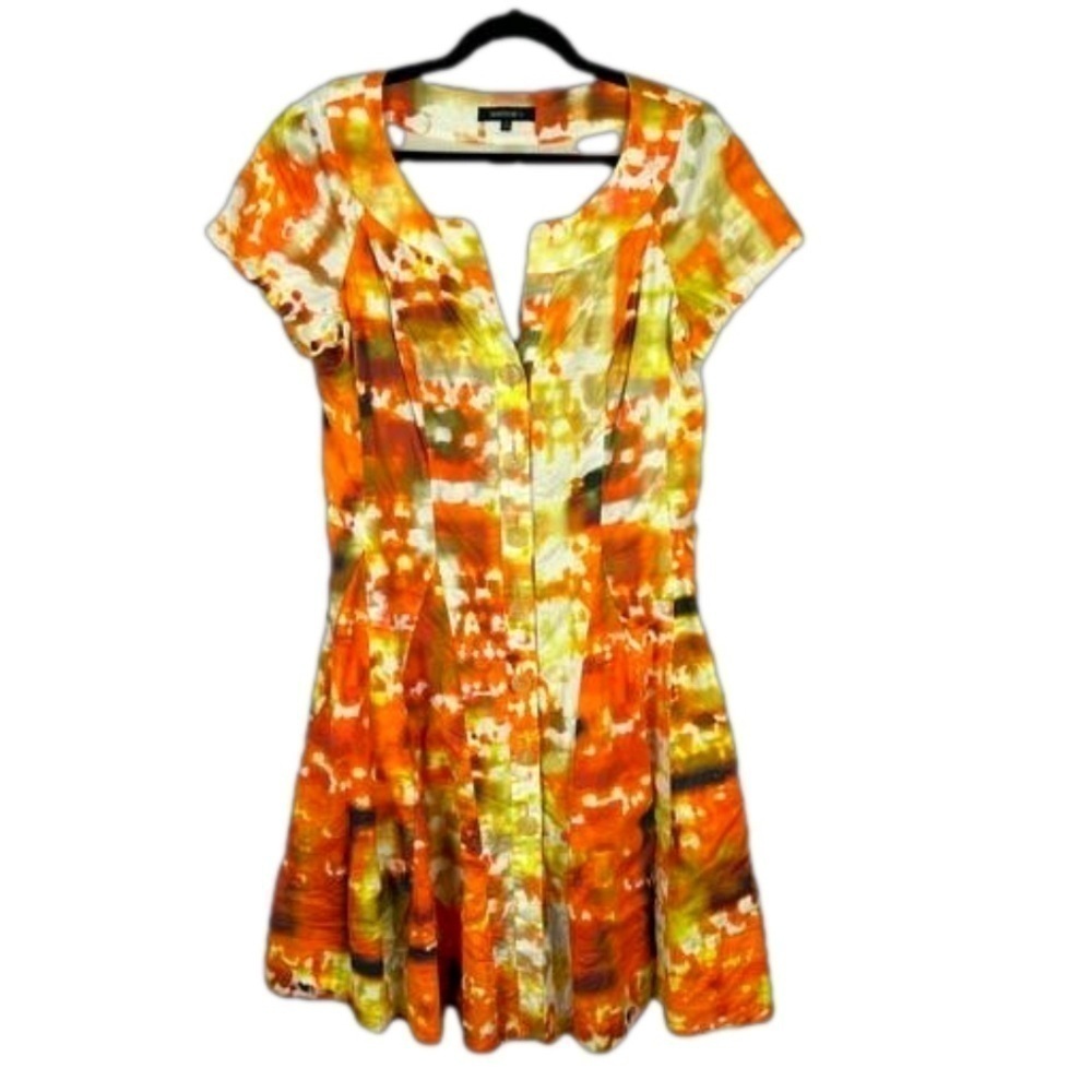 Lafayette 148 Floral Tie Dye Cotton Knee Length Dress Size 8 Orange Yellow